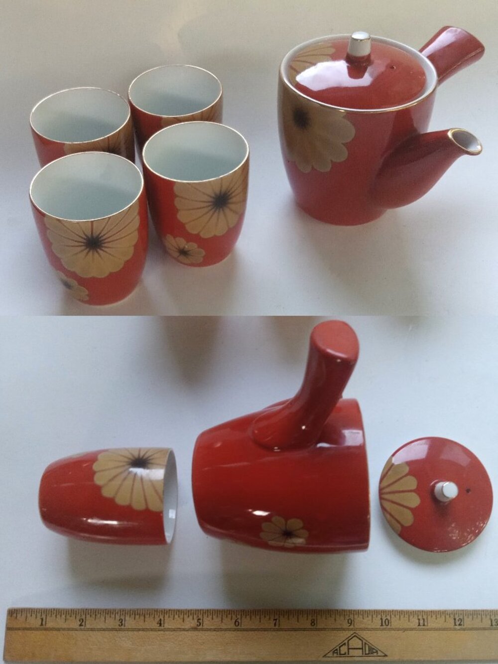 VTG Japanese Kyusu Porcelain Tea Pot &4 Cups Burnt Orange Daisies Tajima China